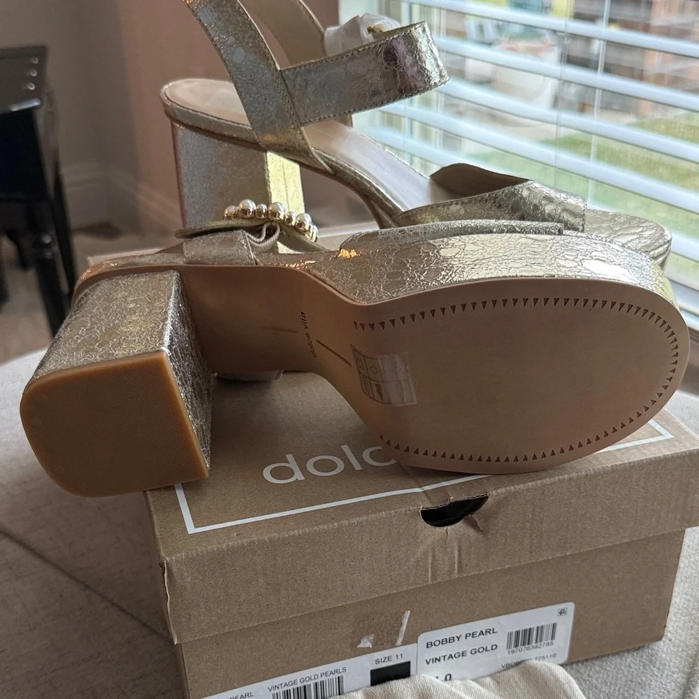 Dolce Vita Metallic Gold Pearl-Embellished Platform Sandals